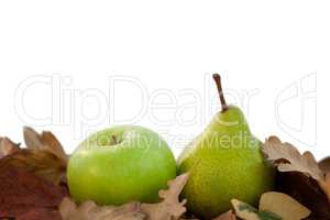 Close-up of pears with autumn leaves