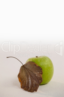 Close-up of green apple and autumn leaves