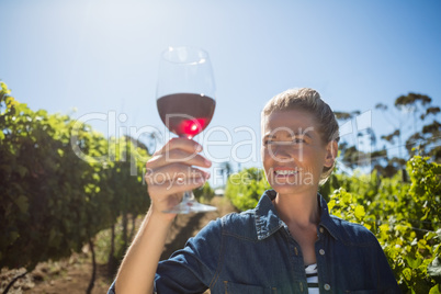 Female vintner examining glass of wine