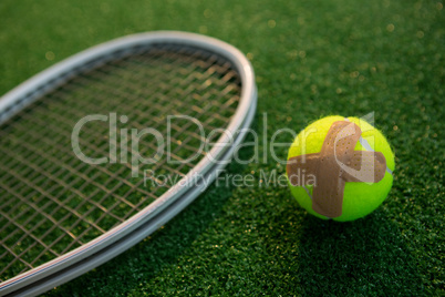 Close up of tennis ball with bandage by racket