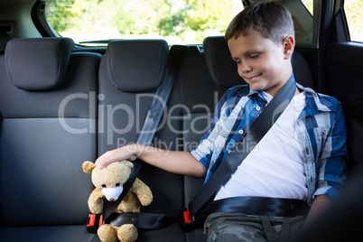 Teenage boy sitting with teddy bear in the back seat of car