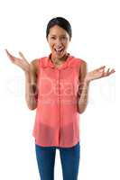 Beautiful woman gesturing against white background