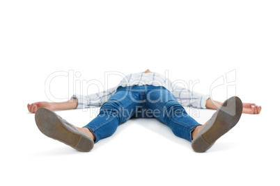 Woman lying on white background