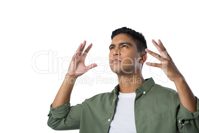 Man gesturing against white background