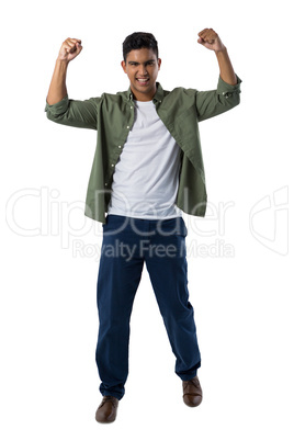 Happy man gesturing against white background