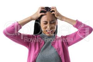 Woman standing against white background