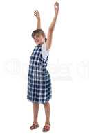 Girl standing with arms up on white bcakground