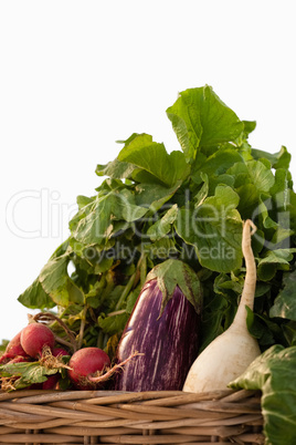 Various vegetables in wicker basket against white background