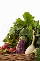 Various vegetables in wicker basket against white background