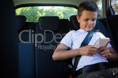 Teenage boy using mobile phone in the back seat of car