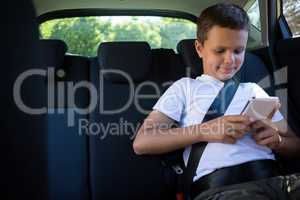 Teenage boy using mobile phone in the back seat of car