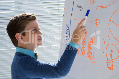 Boy as business executive presenting on white board