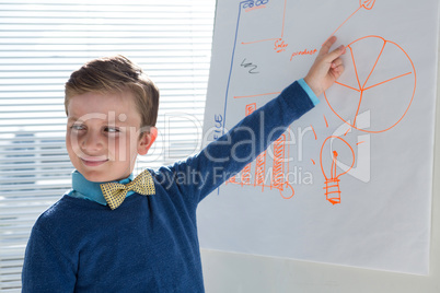 Boy as business executive presenting on white board