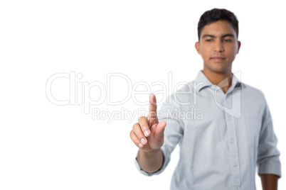 Man pretending to touch an invisible screen