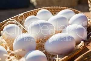 Close-up of eggs in wicker basket