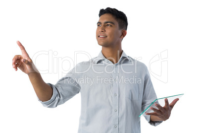 Man pretending to touch an invisible screen