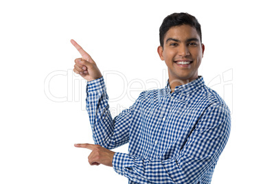 Man gesturing against white background