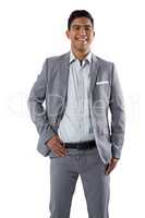 Happy businessman standing on white background