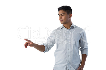 Man pretending to touch an invisible screen