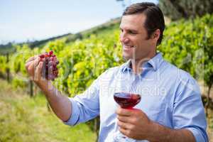 Smiling vintner holding grapes and glass of wine