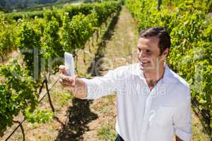 Happy man talking selfie with mobile phone in vineyard