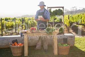 Man using digital tablet at vegetable stall