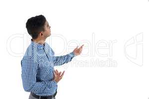 Man gesturing against white background