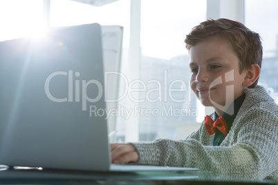 Boy as business executive using laptop