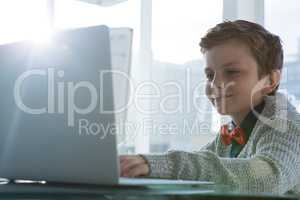 Boy as business executive using laptop