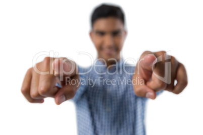 Man gesturing against white background