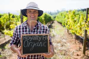 Portrait of happy man holding slate with text in vineyard