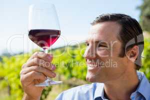 Smiling vintner holding glass of wine