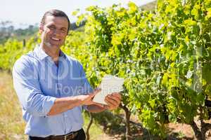 Portrait of happy vintner using digital tablet in vineyard