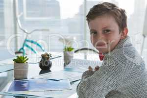 Boy as business executive smiling while sitting in office