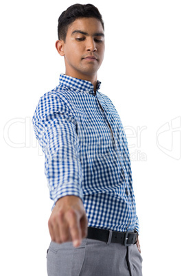 Man gesturing against white background