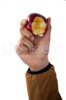 Close-up of hand holding eaten apples
