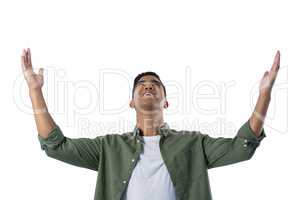 Man gesturing against white background