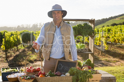 Portrait of happy man standing at vegetable stall