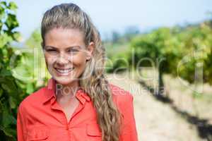 Portrait of smiling woman standing in vineyard