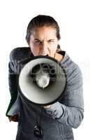 Portrait of female coach announcing on megaphone