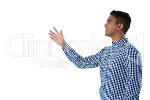 Man gesturing against white background