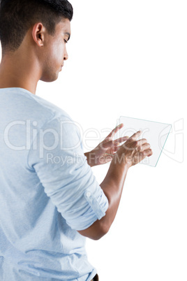 Man using glass digital tablet