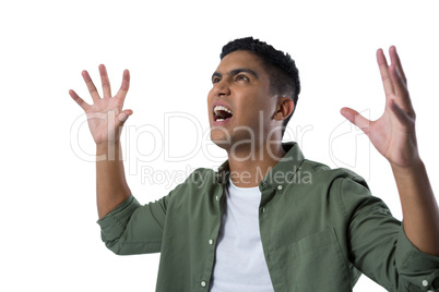 Man gesturing against white background