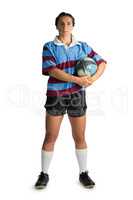 Full length portrait of female player with rugby ball