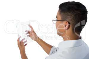 Man using glass digital tablet