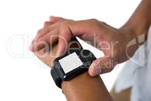 Man using smartwatch against white background