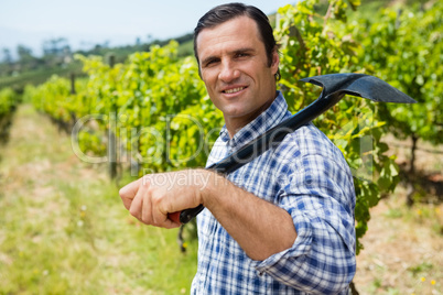 Portrait of vintner standing with shovel in vineyard