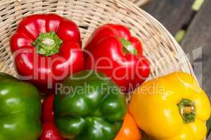 Fresh bell peppers in wicker basket