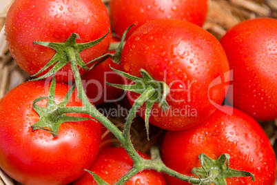 Fresh cherry tomatoes in wicker basket