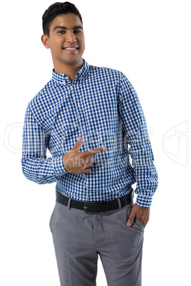 Man gesturing against white background